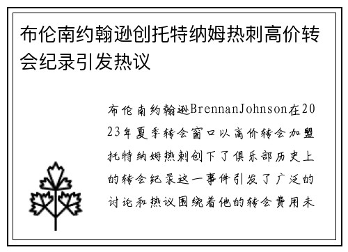 布伦南约翰逊创托特纳姆热刺高价转会纪录引发热议 布伦南约翰逊创托特纳姆热刺高价转会纪录引发热议